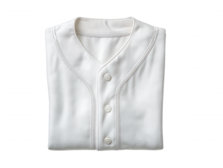 A folded plain white baseball jersey with buttons is neatly arranged on a clean white background in a studio setting, ideal for sports apparel mockups.