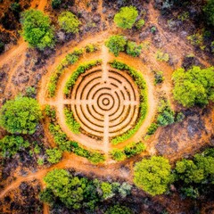 Circular labyrinth in a natural landscape.  Aerial view of a meticulously crafted circular path design, nestled within a ring of trees, set against a backdrop of reddish-brown earth