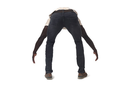 back view of a man lifting something imaginary, large or heavy from the ground on white background - Powered by Adobe