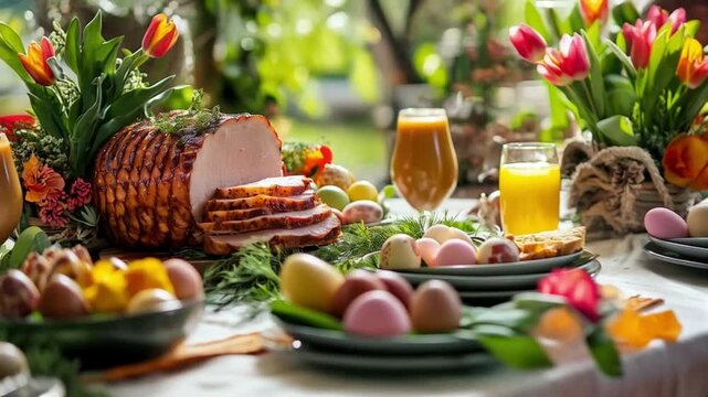 a beautifully glazed ham takes center stage amidst a vibrant spread of Easter eggs, fresh tulips, and bright citrus juice