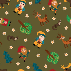 Woodland Gnome and Deer Seamless Pattern. Design for fabric, textile, wallpaper, packaging	