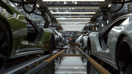 Fototapeta premium View of Electric Vehicles on Modern Assembly Line in High-Tech Automotive Factory