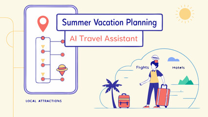 Illustration of summer vacation planning app with ai travel assistant and destination suggestions shown