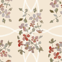 Floral seamless pattern created from a watercolor painting, with bouquets of flowers on a beige background with white lace details	