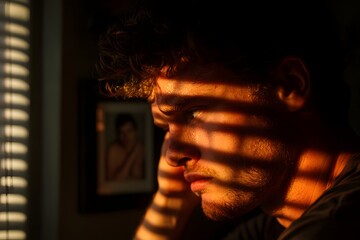 Man in shadow by window indoors, Blinds pattern on face, Reflective mood portrait, Introspective male in natural light, Moody room background, Strong indoor contrast

