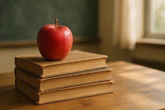 Red apple on stacked books in a classroom setting  