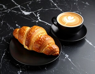 Single croissant and cappuccino on black marble, food photography
