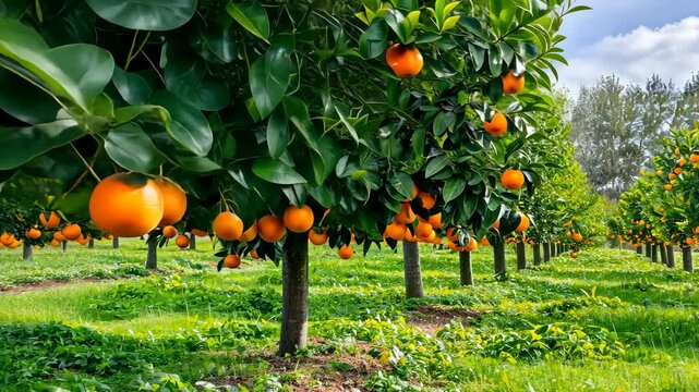 Visit an orange orchard filled with ripe fruit on trees, basking under the sun, showcasing nature's bounty in a rural landscape