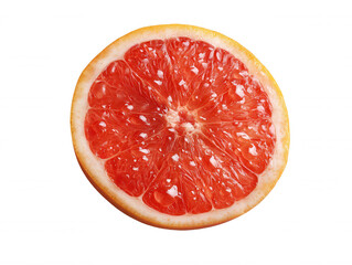 An isolated, vibrant slice of grapefruit is displayed, featu its juicy red flesh and natural white spots against a stark white backdrop on a summer day.