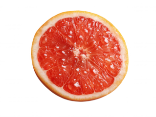 An isolated, vibrant slice of grapefruit is displayed, featu its juicy red flesh and natural white spots against a stark white backdrop on a summer day.