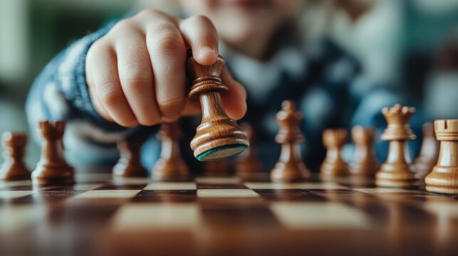 A focused child is confidently moving a wooden chess piece, engaged in a strategic game on a beautifully crafted chessboard, showcasing concentration and skill.