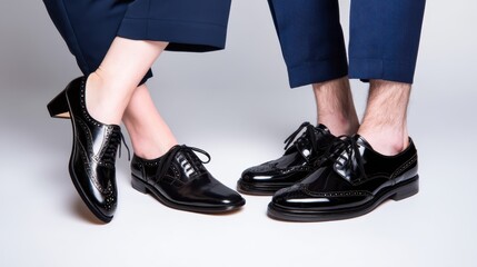 Fashionable black formal shoes for men and women on white background