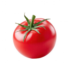 Fresh vibrant red tomato glistening with dew sits isolated against a white backdrop, showcasing its natural color and perfect round shape in exquisite detail.