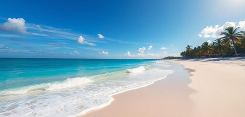 Obraz premium Serene turquoise ocean lapping white sand beach, lush palms, sunny sky, travel, holiday