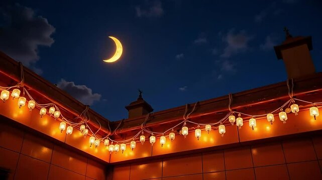 4K Ultra HD Rooftop with Chand Raat Lights and Golden Crescent Moon at Night

