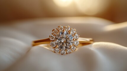 Golden diamond ring on soft white fabric