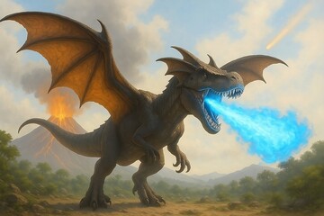 Fototapeta premium Title: Fire-Breathing Dragon in Volcanic Landscape (Generative AI)Description: A fantasy illustration of a fire-breathing dragon with large wings, spewing blue flames in front of an erupting volcano