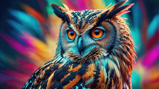 Striking close-up of a vividly colored owl with piercing orange eyes and a surreal multicolor background a fusion of nature and fantasy