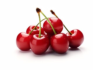 A cluster of ripe cherries, glistening and ready to eat, arranged in a close-up shot