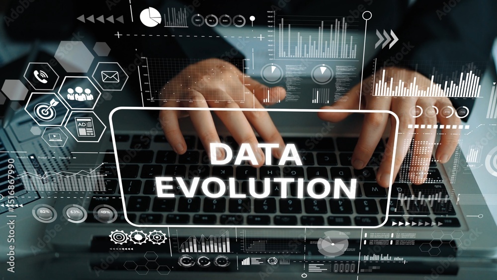 Poster data evolution concept showing digital transformation and technology progression with hands on lapto