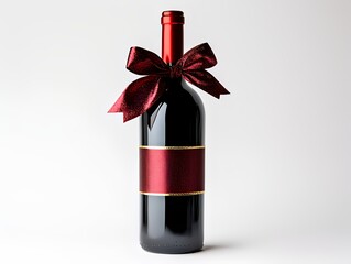 A bottle of red wine with a bow for gift. The gift bottle looks luxurious and inviting