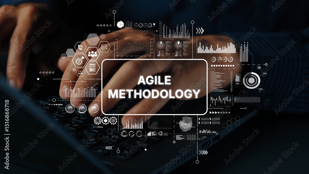 Poster hands typing on keyboard with agile methodology concept and digital graphics for project management 