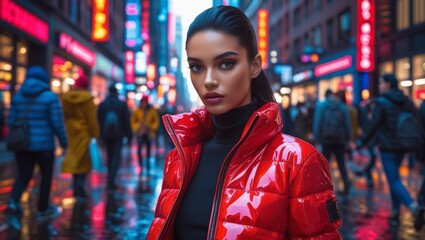  Chic young brunette in shiny red down jacket and pants, standing confidently amid urban fashion scene, vibrant city vibes
