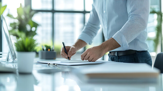 Businessman writing notes at a desk in a modern office setting - Powered by Adobe