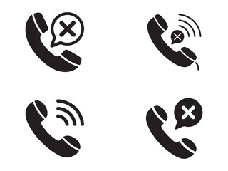Set of Black and White Telephone Icons with Rejected Call Symbols