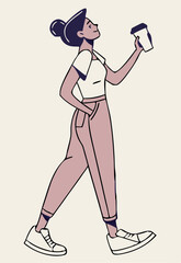 Woman enjoying coffee while walking upward in modern illustration