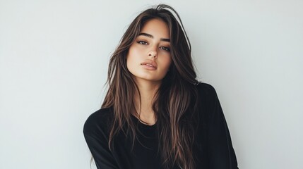 A beautiful woman with long hair, wearing black and posing for the camera against a white background