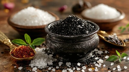 Black sea salt in an ornate bowl with white and black crystals, surrounded by colorful spices on a rustic wooden table