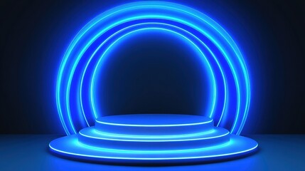 Blue neon podium with a circular shape background for product presentation, empty space mockup