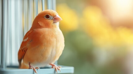 A charming canary bird perched in a cage, showcasing its vibrant color and grace, symbolizing the beauty of nature and the confinement of domestic life.