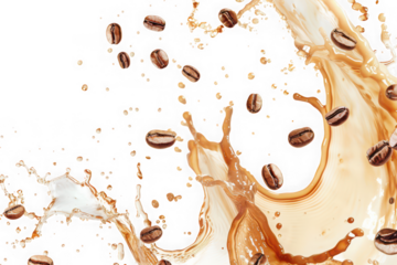 Coffee splash with beans isolated on transparent background