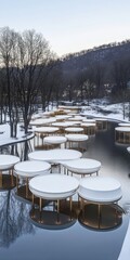 Winter park with round pavilions on a frozen water feature