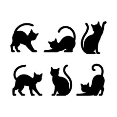 Silhouette of six black cats in various poses such as stretching and sitting on a white background