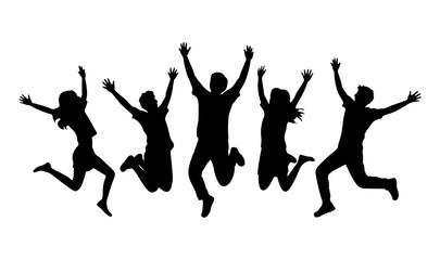 Silhouette of a group of five people jumping with their arms raised in a celebratory pose on a white background