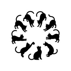 Silhouette of  cats in various poses arranged in a circular pattern on a white background design