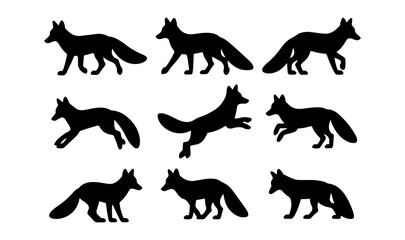 Silhouette collection showing various poses and positions of a fox in different orientations and actions