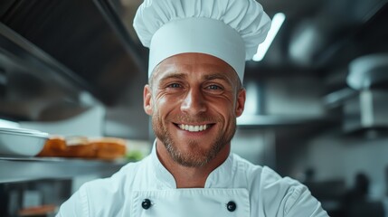 A cheerful male chef in a pristine white uniform smiles broadly in a bustling professional kitchen, showcasing passion for culinary artistry and hospitality industry.