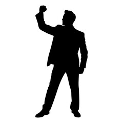 Silhouette of a man in a suit with fist raised in the air standing confidently on a white background