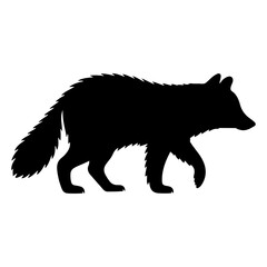 Silhouette of a canid walking with a bushy tail and pointed ears in a side profile isolated on white