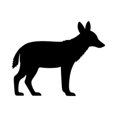 Silhouette of a standing canid with pointed ears and a bushy tail in solid black color on white