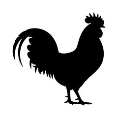 Silhouette of a rooster standing with its head held high and detailed tail feathers visible clearly here