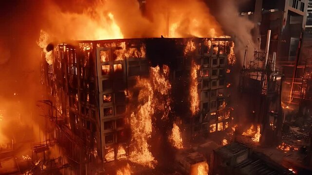 Aerial View of Intense Building Fire at Night