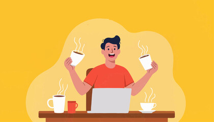 Young man happily enjoying coffee while working on laptop at desk  