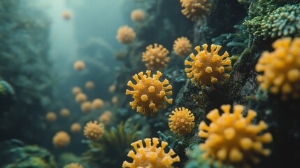 Yellow virus-like spheres in a lush, green environment