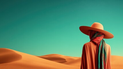 A figure wrapped in colorful robes gazes at the desert landscape under a stunning turquoise sky, embodying solitude and introspection in this vast, beautiful wilderness.