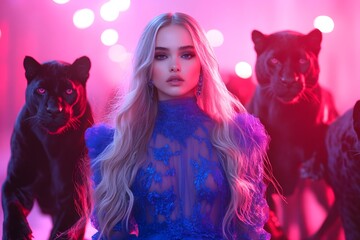 Woman with long blonde hair and black panthers, Artistic fantasy portrait with neon pink lighting, Power and elegance, Mysterious fashion concept, Dramatic wild animal theme

